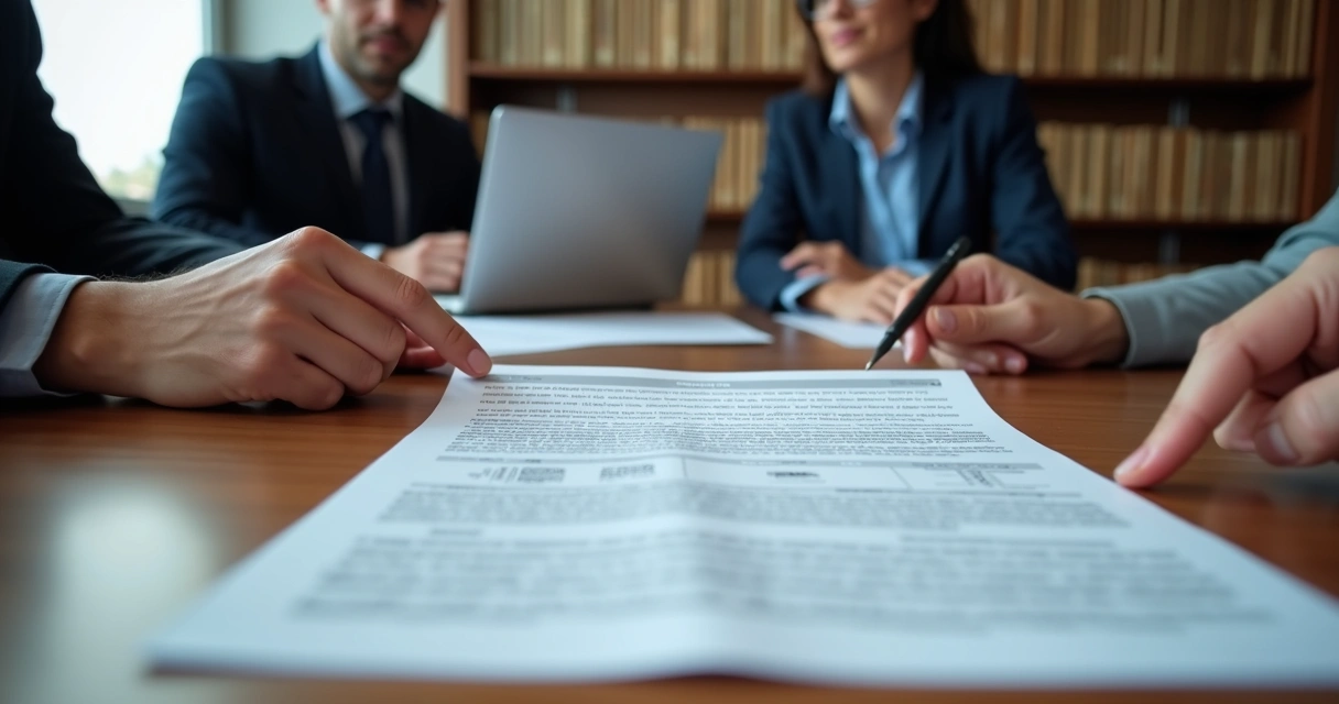 Mesa de reunião com advogados analisando documentos jurídicos de edital de licitação