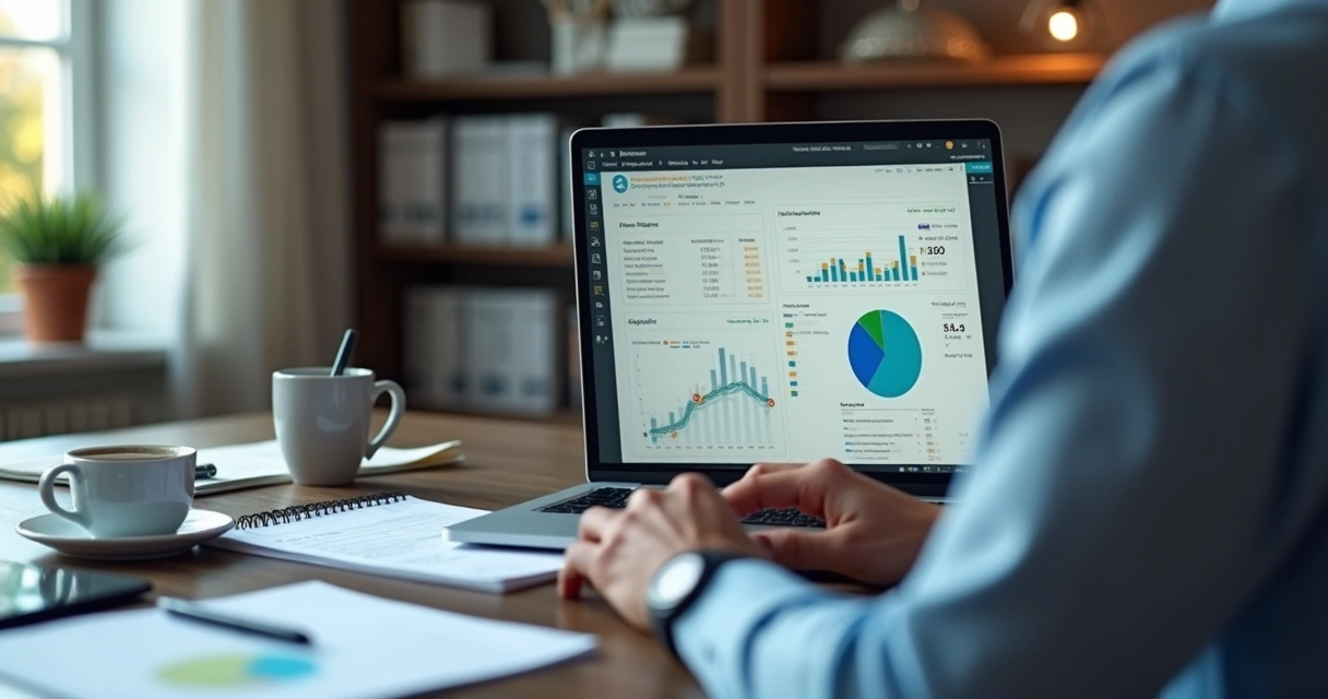 Pessoa analisando documentos e gráficos em laptop para identificar oportunidades de licitação