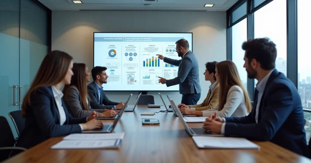 Equipe profissional discutindo estratégias em reunião para vencer licitações públicas