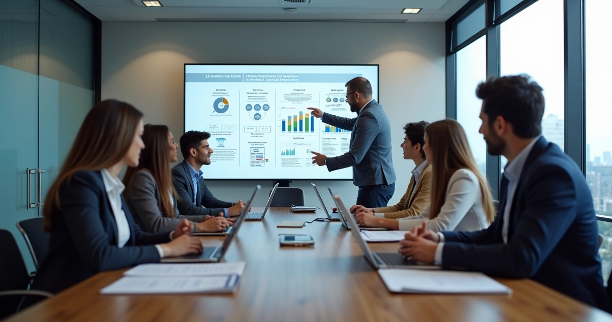 Equipe profissional discutindo estratégias em reunião para vencer licitações públicas