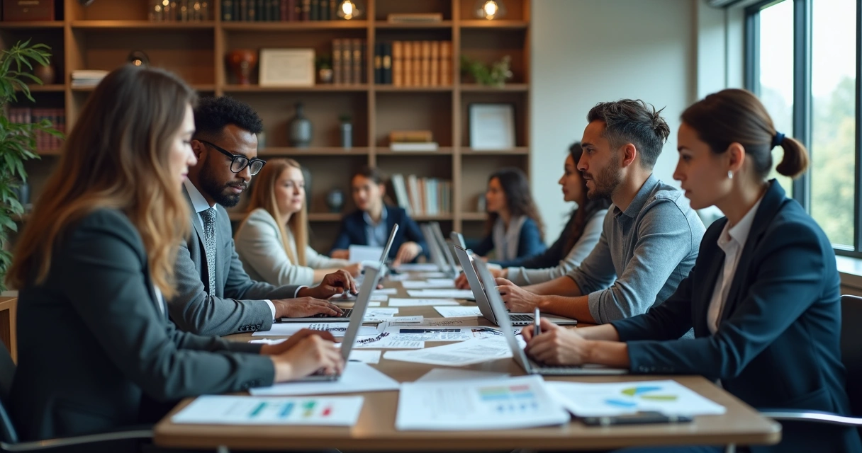 Equipe de profissionais analisando documentos jurídicos e licitatórios em ambiente moderno e organizado