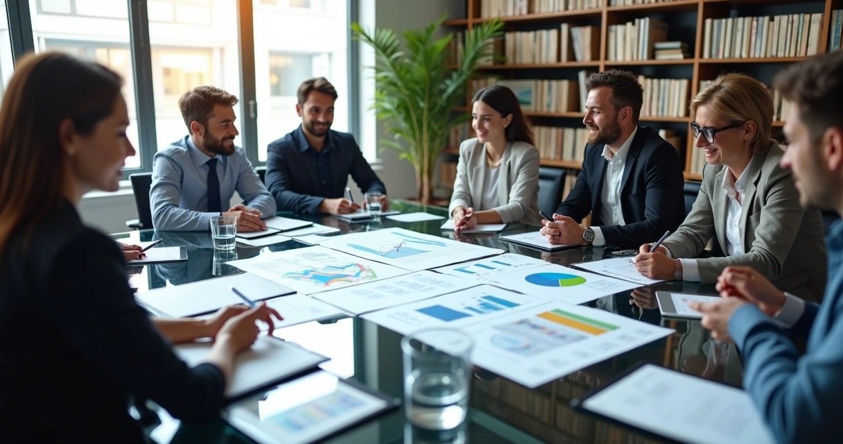 Equipe de profissionais em reunião discutindo documentos e editais de licitação em ambiente corporativo moderno