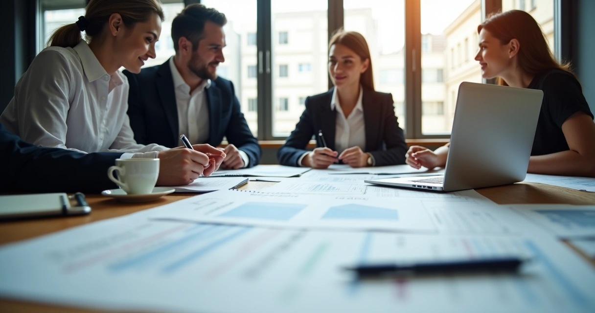 Profissionais trabalhando juntos em escritório com documentos e laptop na mesa, ambiente organizado e moderno