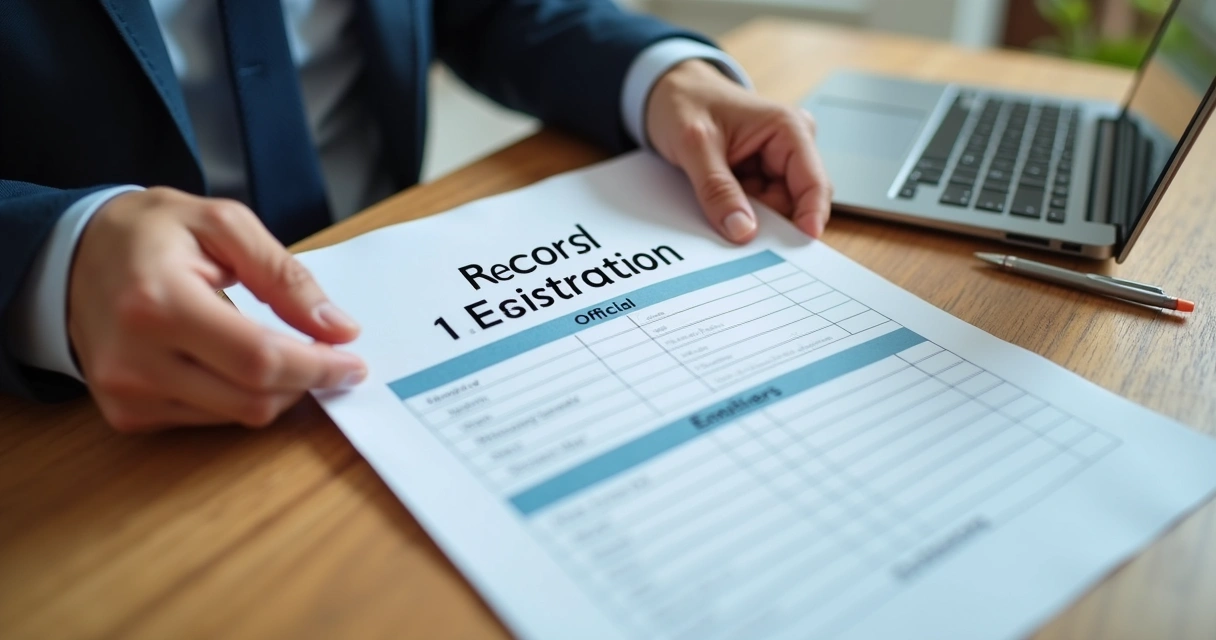 Mãos segurando um documento oficial de ata de registro de preços sobre uma mesa com laptop e caneta