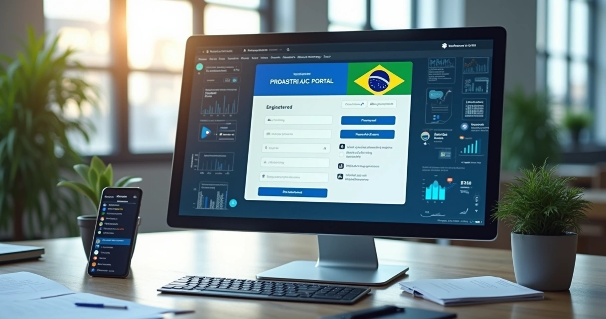 Tela de computador mostrando formulário de cadastro no portal de compras do governo com gráficos e documentos ao redor