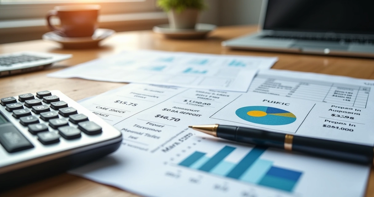 Mesa com calculadora, documentos de licitação e caneta sobre papel com gráficos e tabelas de preços