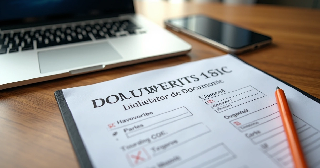 Mesa de trabalho com checklist de documentos para licitação, laptop, caneta e blocos de anotações organizados