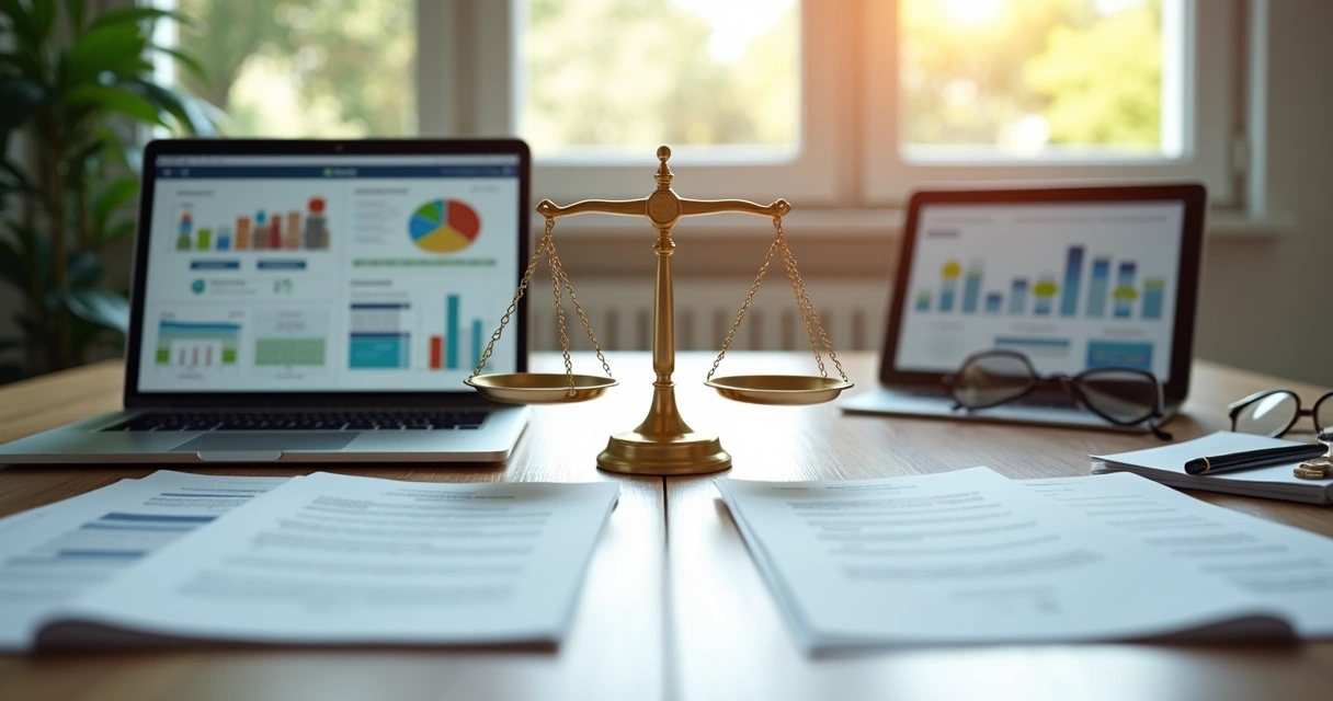 Mesa dividida ao meio com uma balança equilibrando documentos de licitação pública de um lado e fichas de vendas privadas do outro