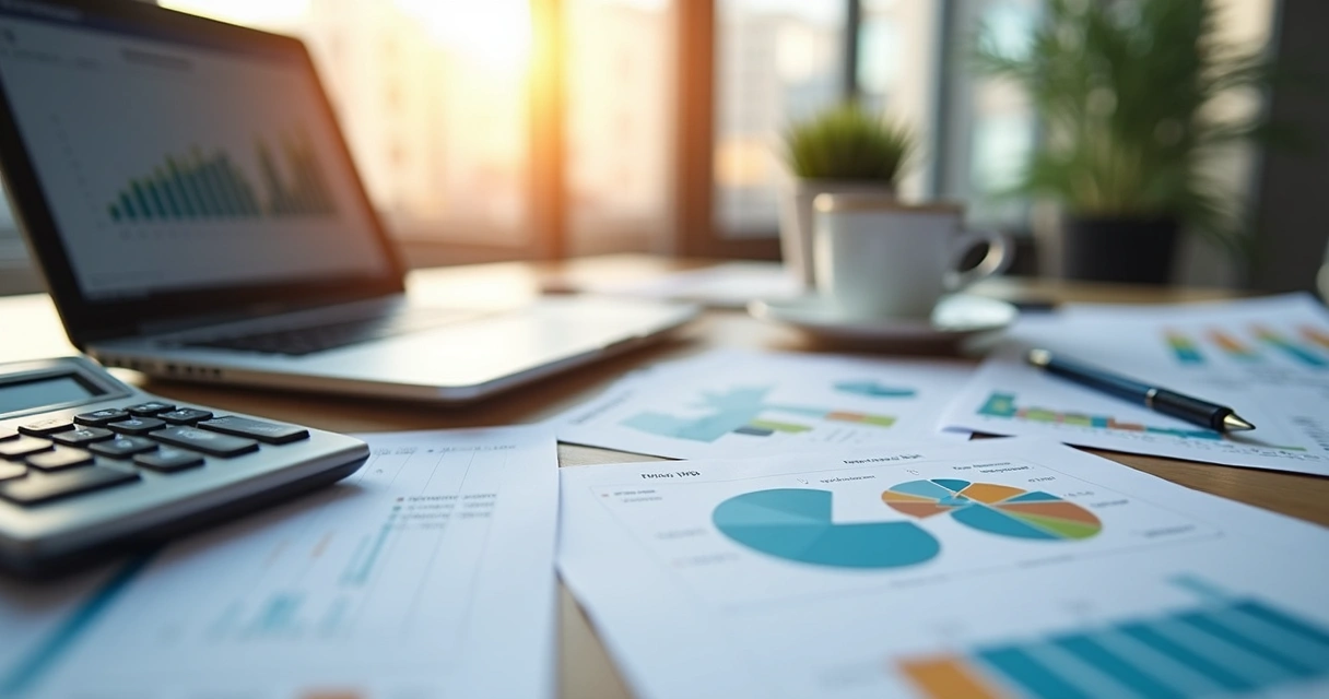 Mesa de escritório com planilhas, calculadora, laptop e documentos organizados para controle de custos licitação