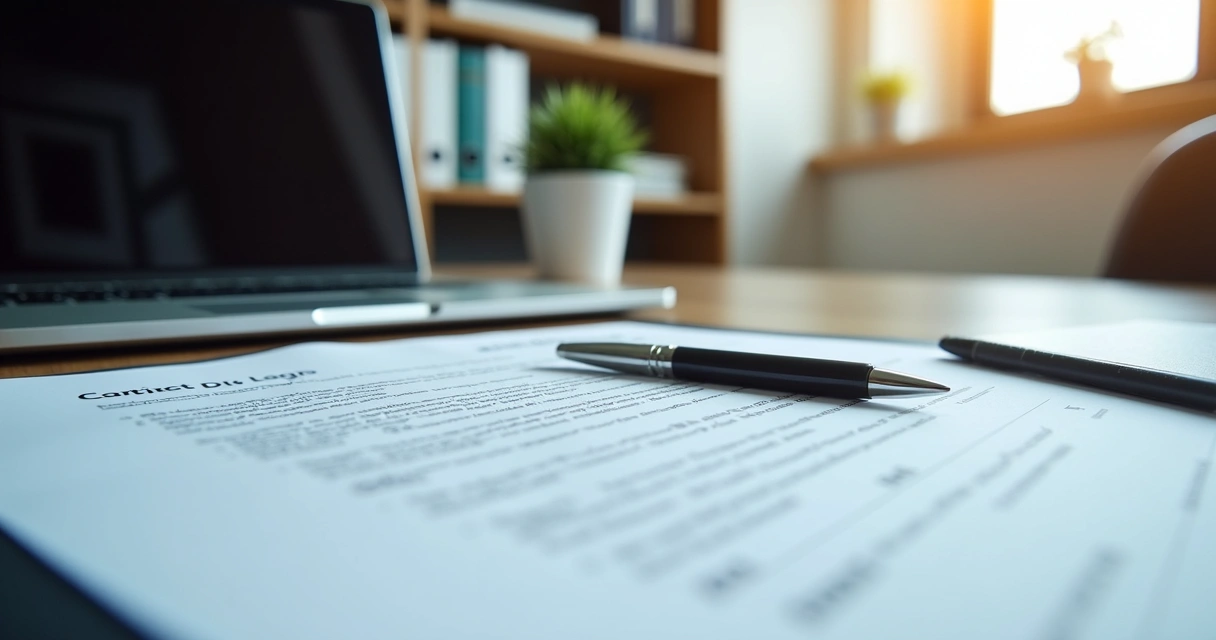 Mesa de escritório organizada com documentos empresariais, laptop aberto e caneta ao lado de contrato assinado