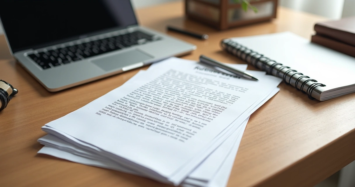 Mesa com documentos de licitação, incluindo um edital aberto e termo de referência ao lado, com caneta sobre papel e laptop ao fundo