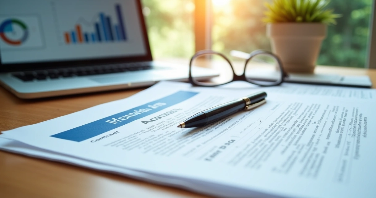 Conjunto de documentos oficiais organizados em uma mesa, com contratos, editais e caneta.