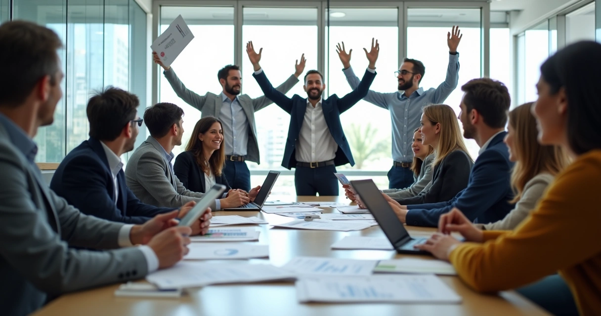 Equipe de empresários reunidos em escritório moderno comemorando conquista de contrato público com documentos e laptops sobre mesa