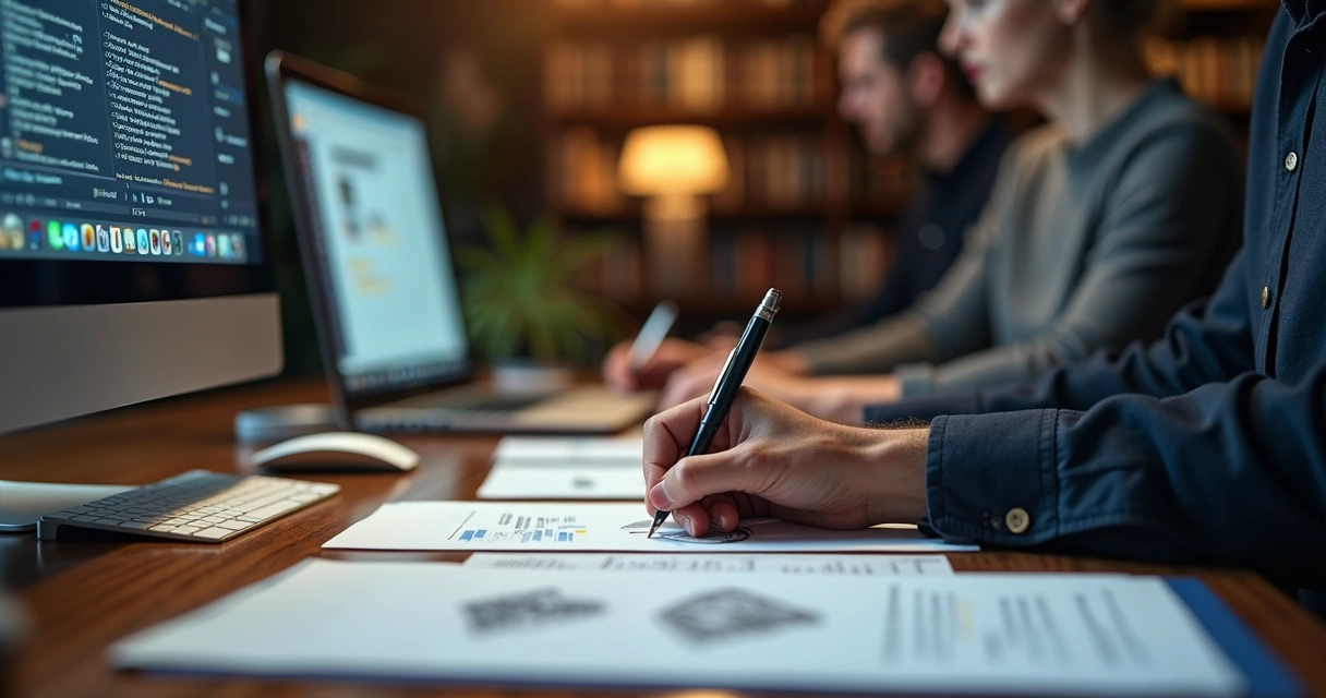 Profissionais em escritório moderno analisando documentos e editais de licitação com computador e gráficos na tela