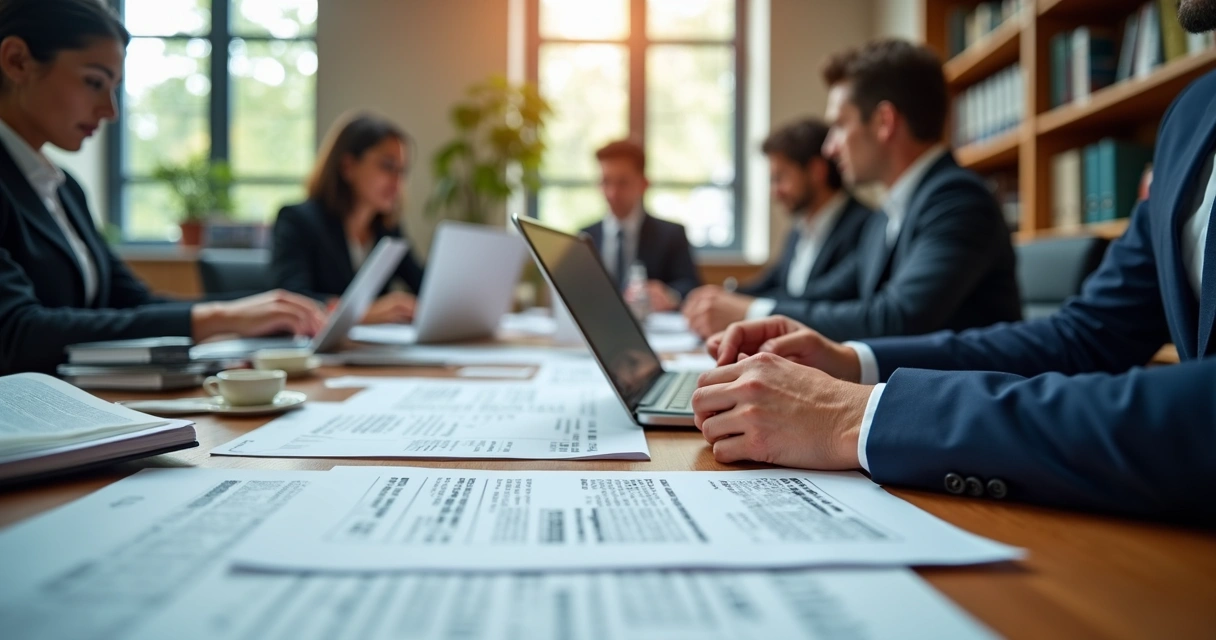 Equipe de profissionais trabalhando em escritório moderno com computadores e documentos de licitação