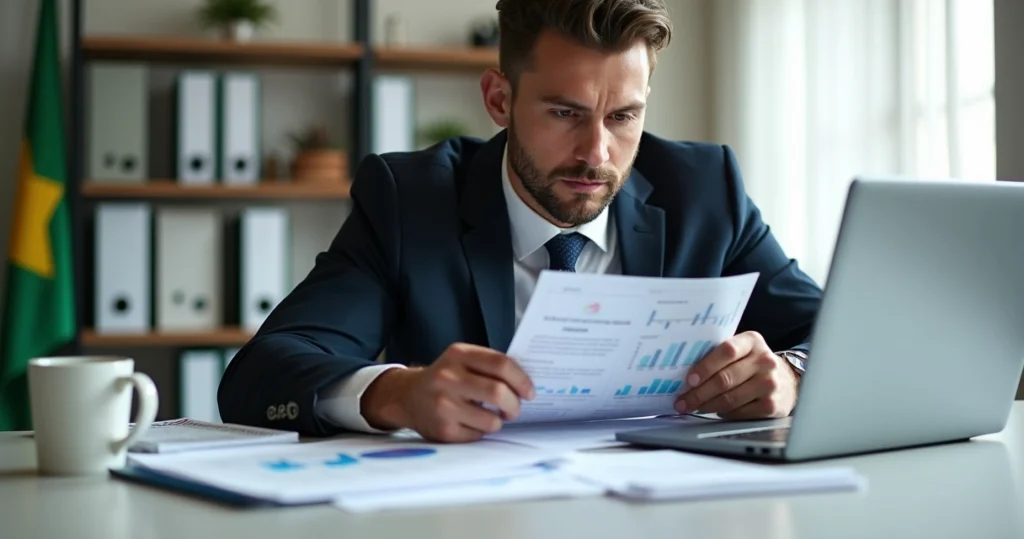 Empresário analisando edital de licitação em escritório moderno com gráficos e documentos