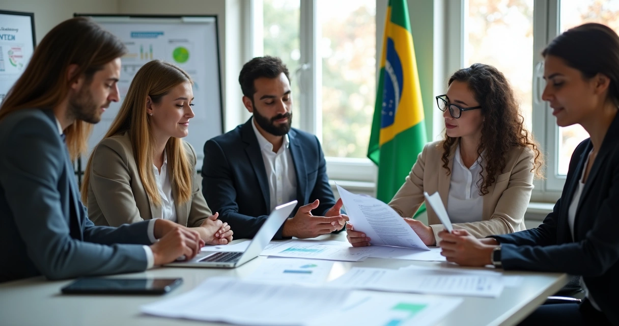 Equipe empresarial analisando documentos de licitação em ambiente corporativo moderno
