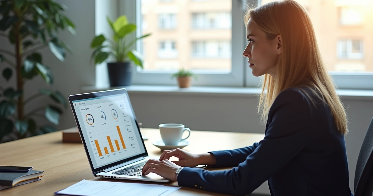 Pessoa utilizando computador para participar de pregão eletrônico em ambiente de escritório moderno