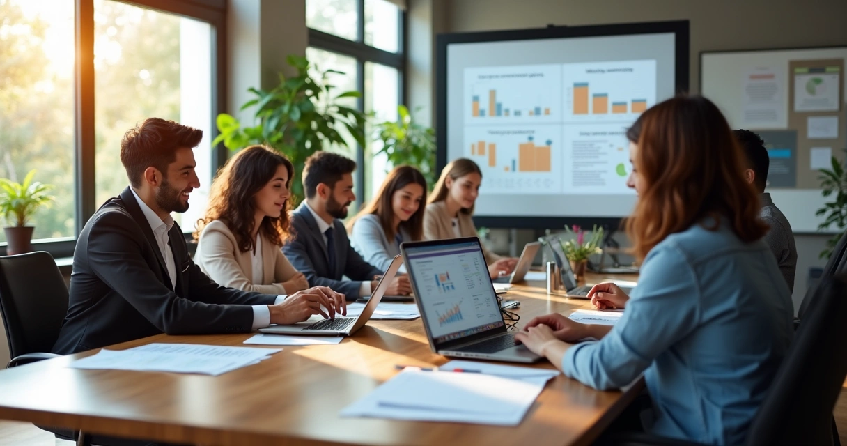 Equipe de profissionais em escritório moderno utilizando computadores para análise de documentos e processos empresariais