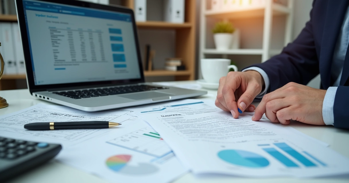 Mesa de escritório com papéis, laptop, e pessoa analisando documentos para licitação