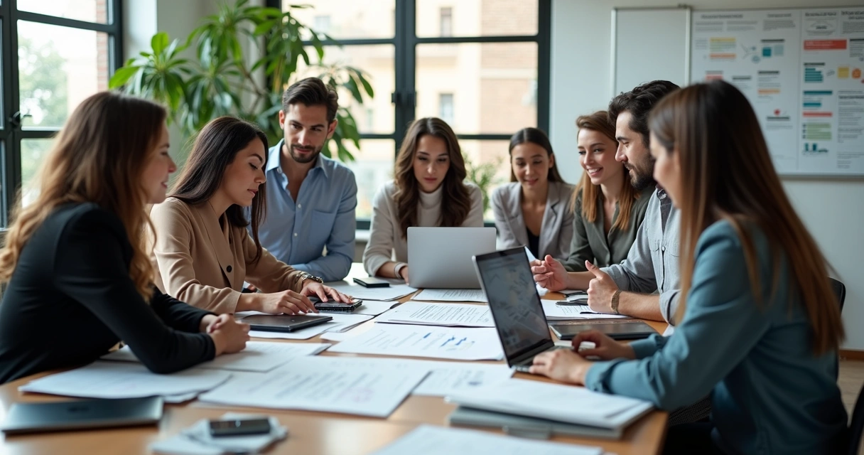 Empresa analisando contratos e editais de licitação em escritório moderno com equipe colaborando