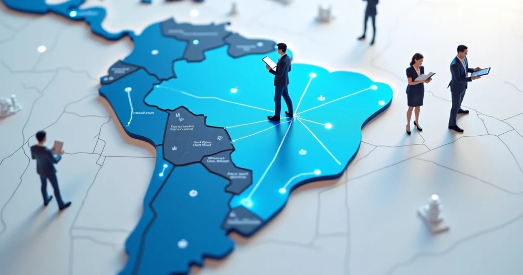 Mapa do Brasil com áreas destacadas em azul conectadas por linhas, representando expansão regional via licitações públicas