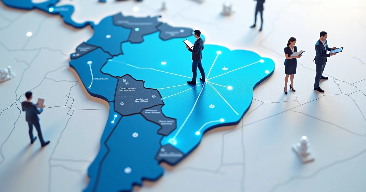 Mapa do Brasil com áreas destacadas em azul conectadas por linhas, representando expansão regional via licitações públicas