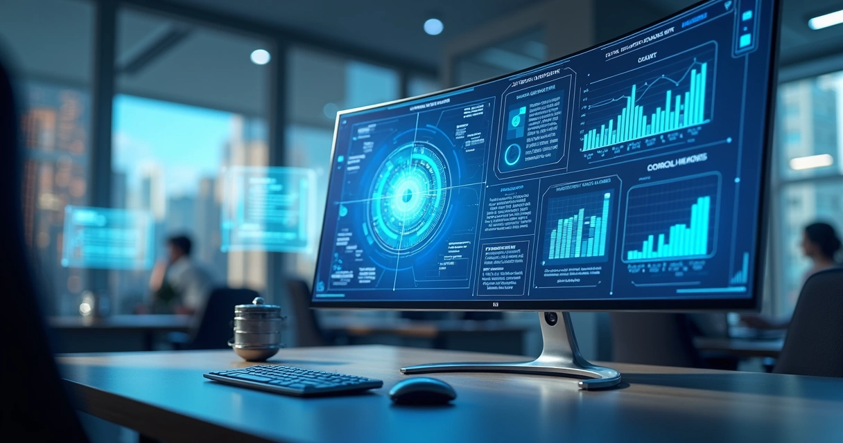 Tela de computador exibindo interface futurista de pregão eletrônico com gráficos digitais e interface transparente