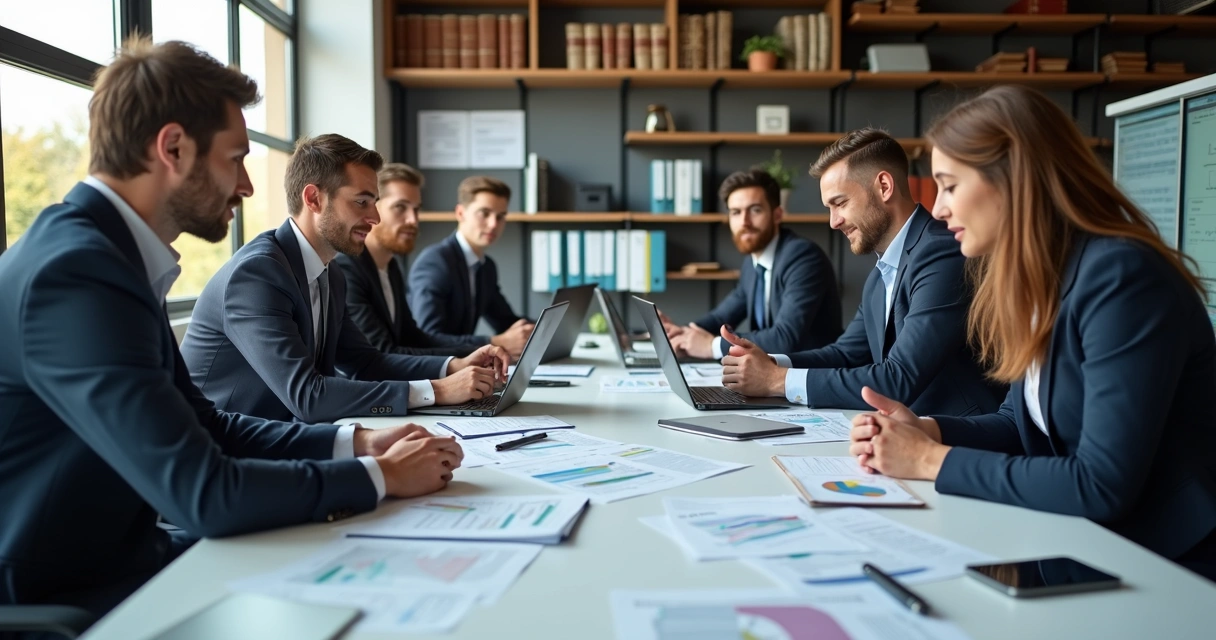 Equipe profissional em escritório moderno trabalhando em computador analisando documentos de licitação e gráficos de resultados