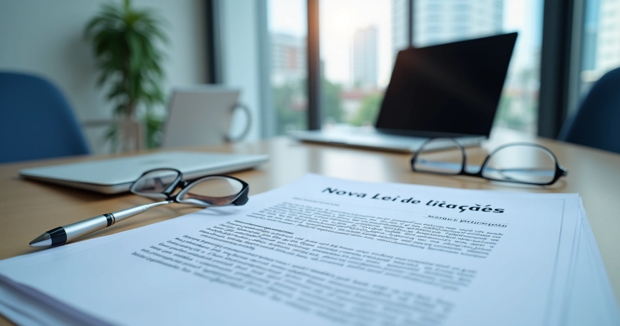 Mesa de reunião com documentos oficiais da nova lei de licitações, laptop, caneta e óculos de leitura
