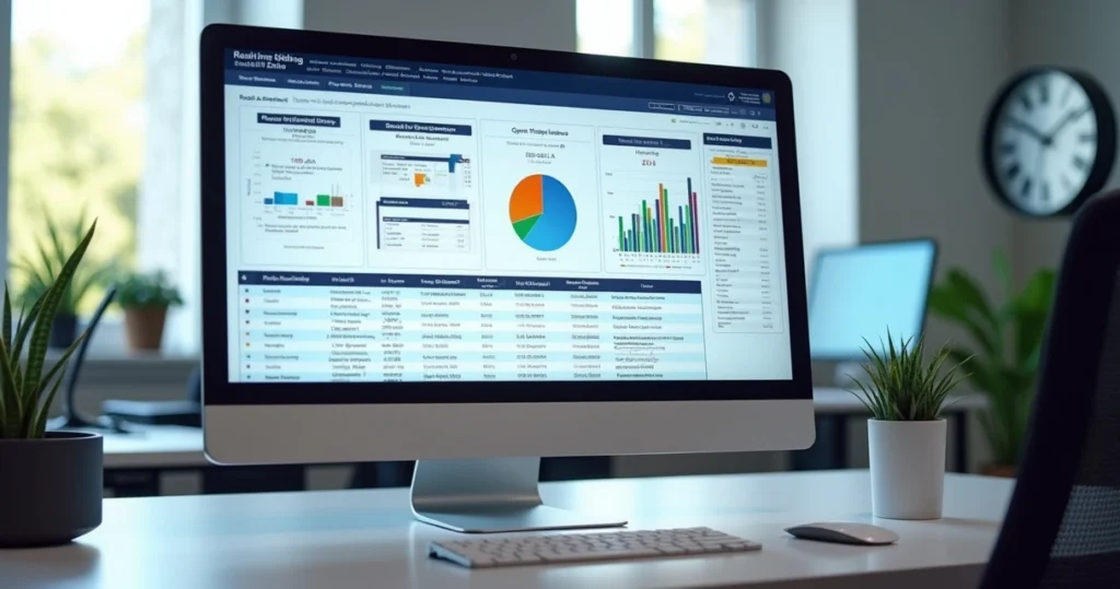 Computador mostrando plataforma de licitação com gráficos e editais em tela ultradetalhada
