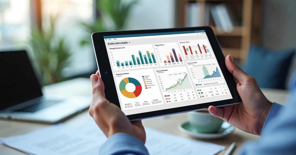 Mão segurando tablet com tela mostrando sistema de acompanhamento de editais de licitação com gráficos e alertas de prazos