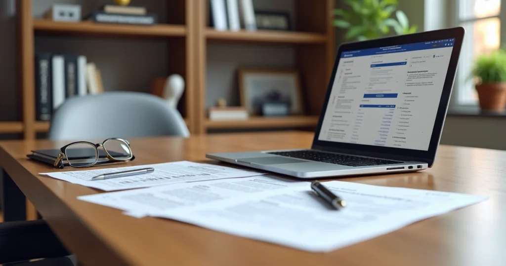 Mesa de escritório com laptop, documentos e caneta sobre licitação