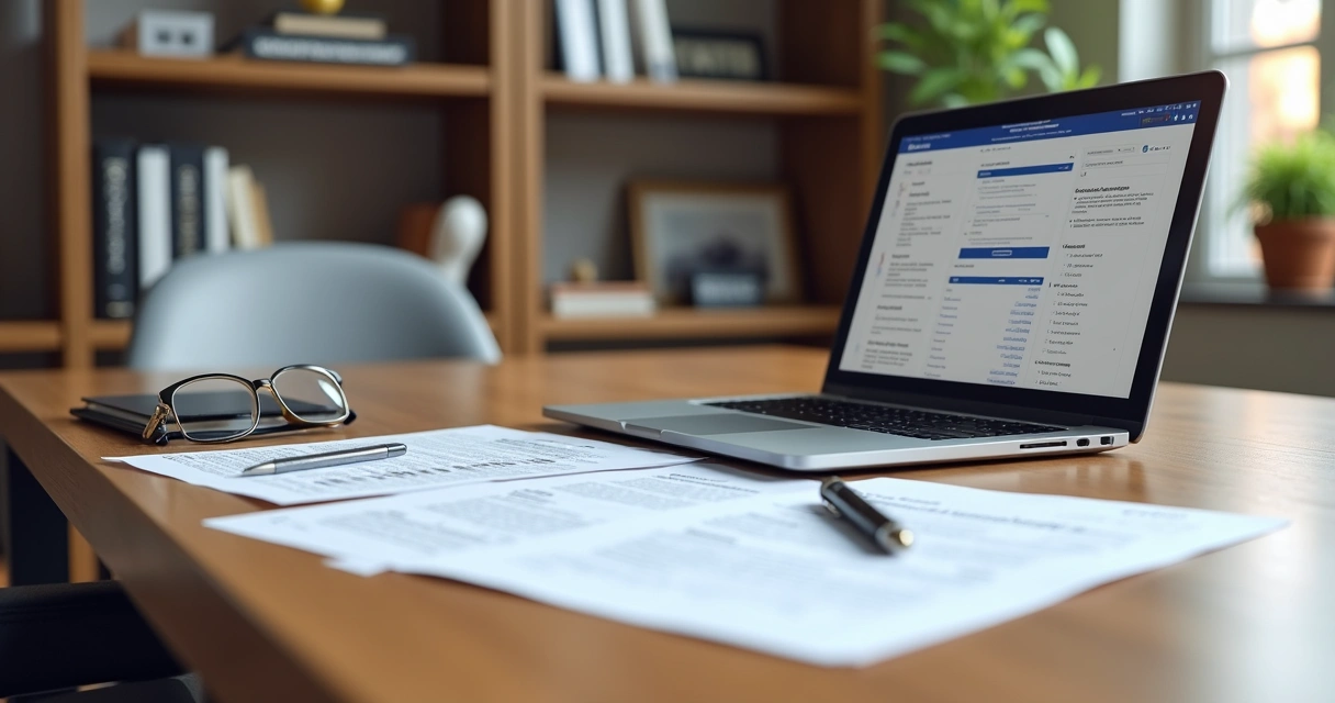 Mesa de escritório com laptop, documentos e caneta sobre licitação