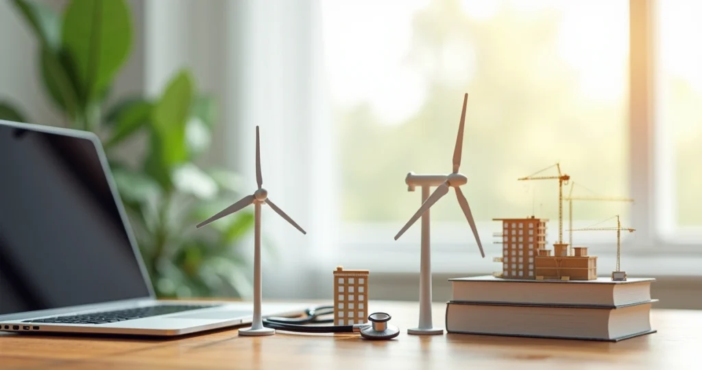 Mesa com cinco objetos representando nichos promissores para licitações públicas em 2026, incluindo tecnologia, energia renovável, saúde, construção e educação