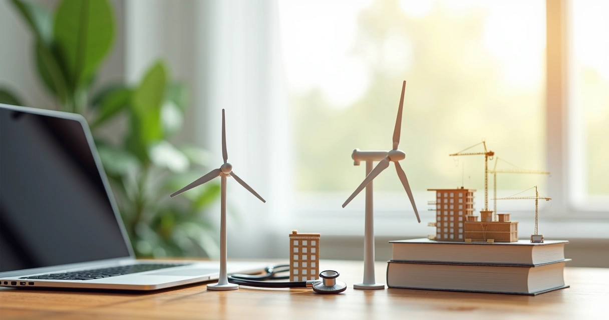 Mesa com cinco objetos representando nichos promissores para licitações públicas em 2026, incluindo tecnologia, energia renovável, saúde, construção e educação