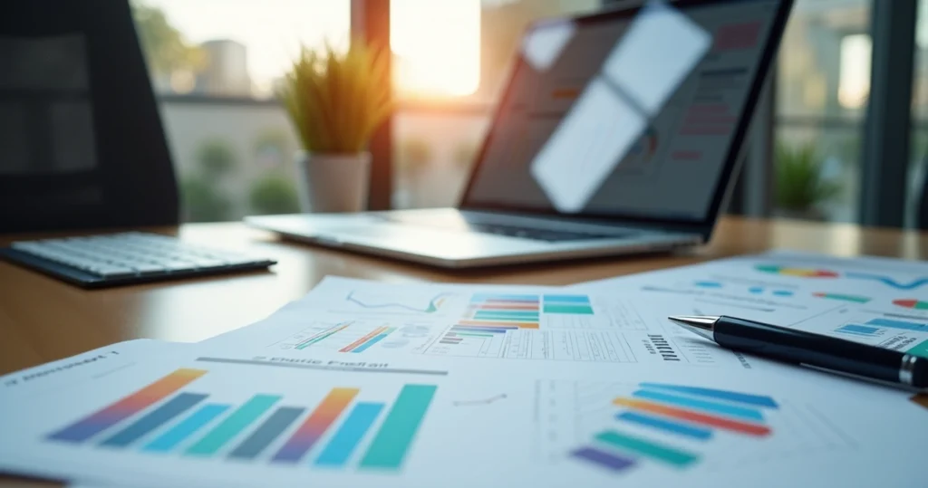 Mesa de escritório com documentos de licitação, laptop com gráficos e contrato aberto, ambiente corporativo organizado