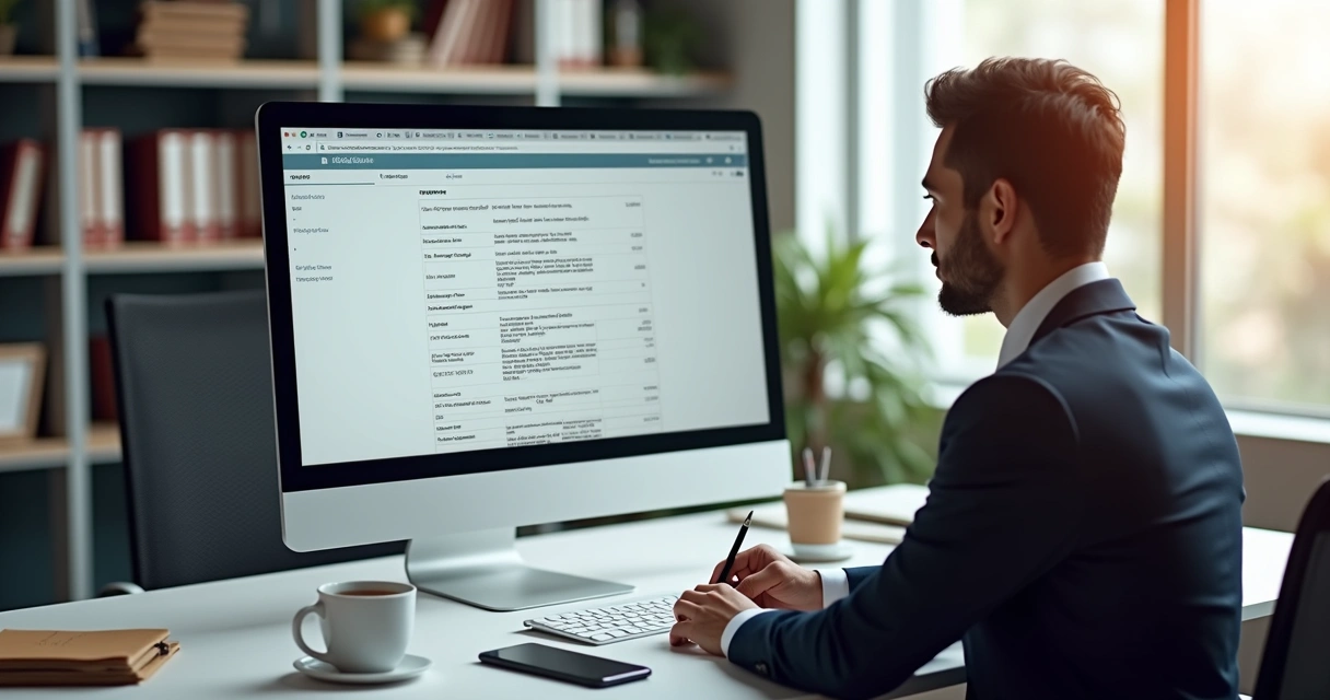 Pessoa consultando edital de pregão eletrônico no computador em ambiente de escritório organizado