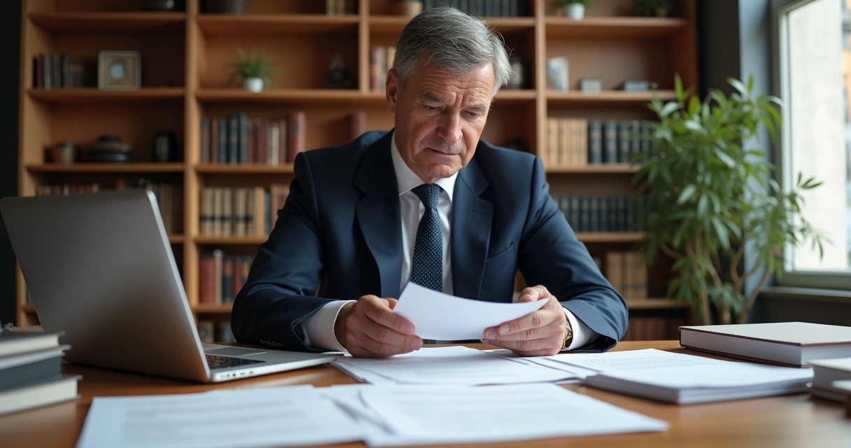 Advogado analisando documentos jurídicos com expressão séria sobre mesa com artigos de lei e computador aberto