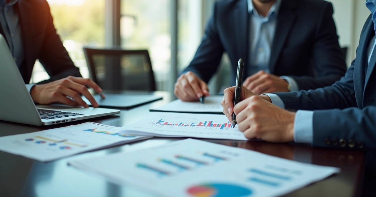 Conceito visual de três empresários discutindo contratos em escritório moderno, com gráficos e documentos à mesa