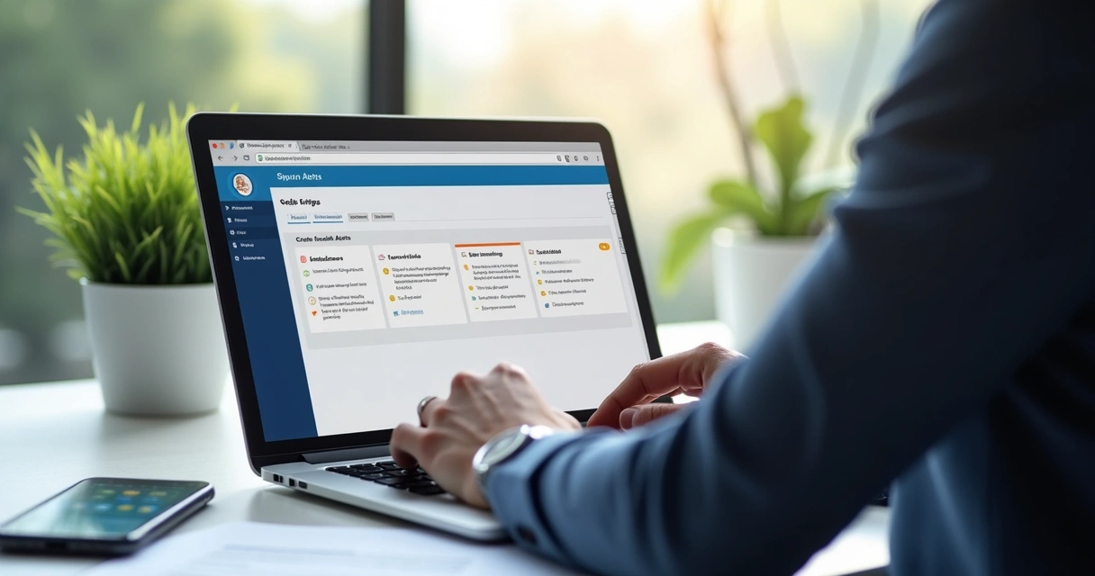 Pessoa configurando alertas de licitação no computador em ambiente de escritório organizado