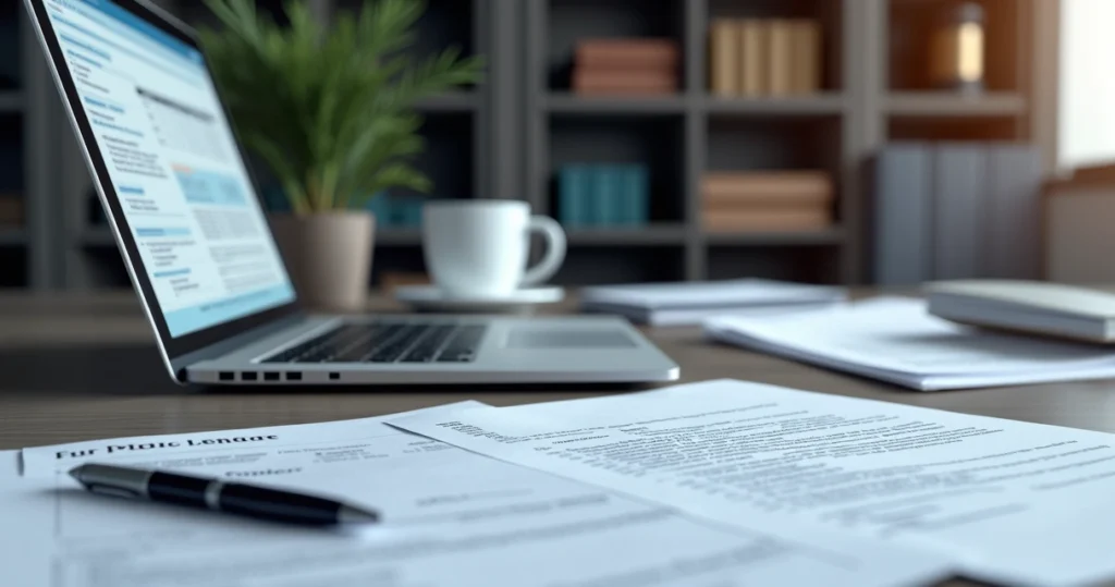 Mesa de escritório com documentos de licitação, laptop aberto mostrando edital eletrônico, caneta, e uma xícara de café