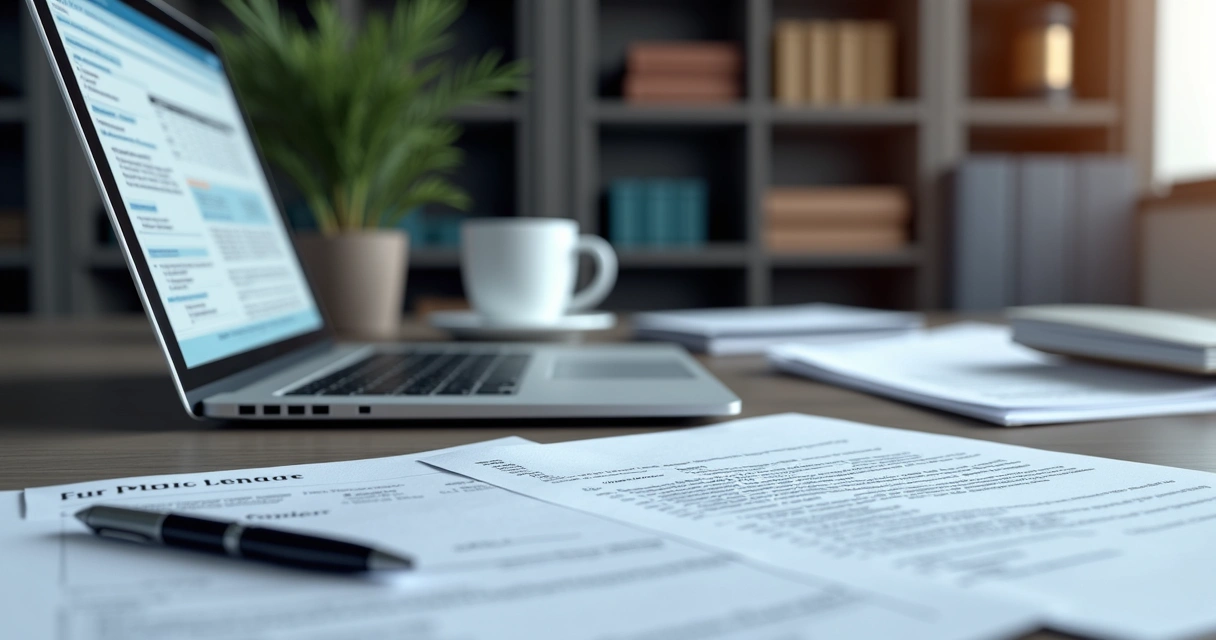 Mesa de escritório com documentos de licitação, laptop aberto mostrando edital eletrônico, caneta, e uma xícara de café