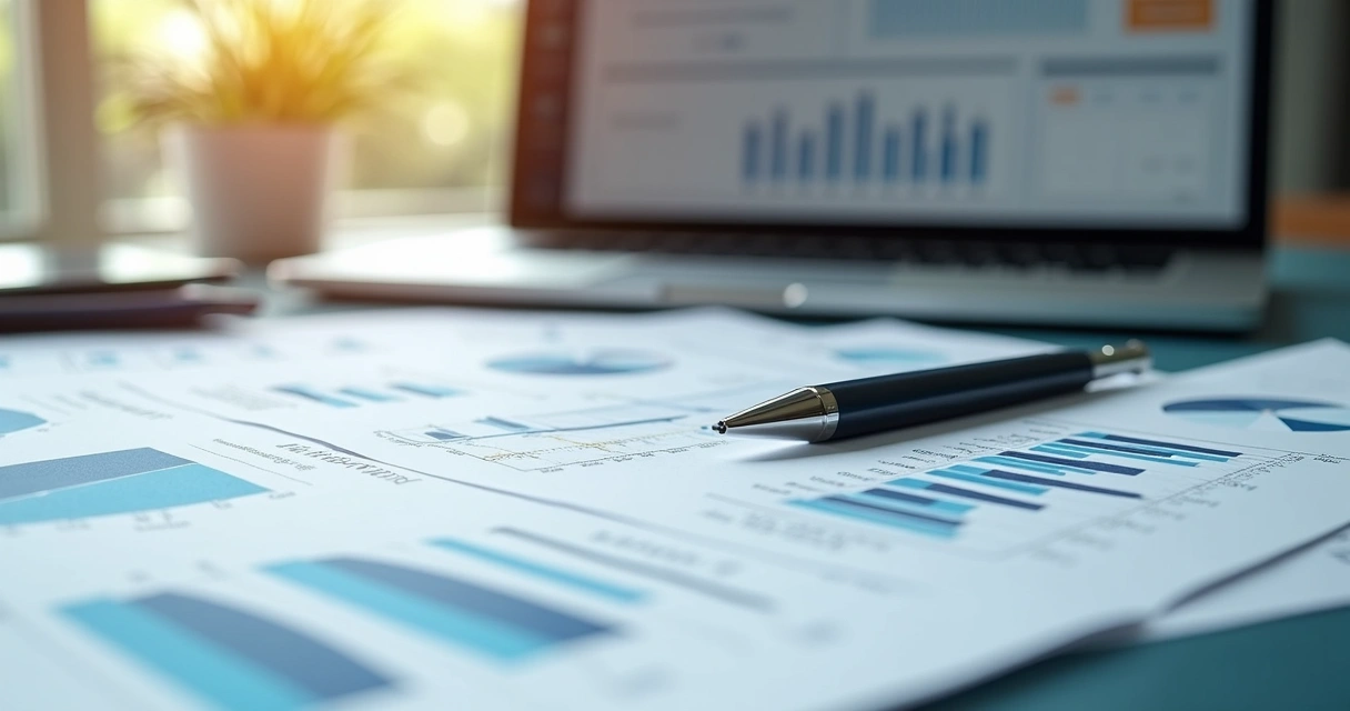 Mesa de escritório com documentos de proposta licitação, laptop aberto mostrando planilhas, caneta sobre papéis organizados com gráficos e anotações