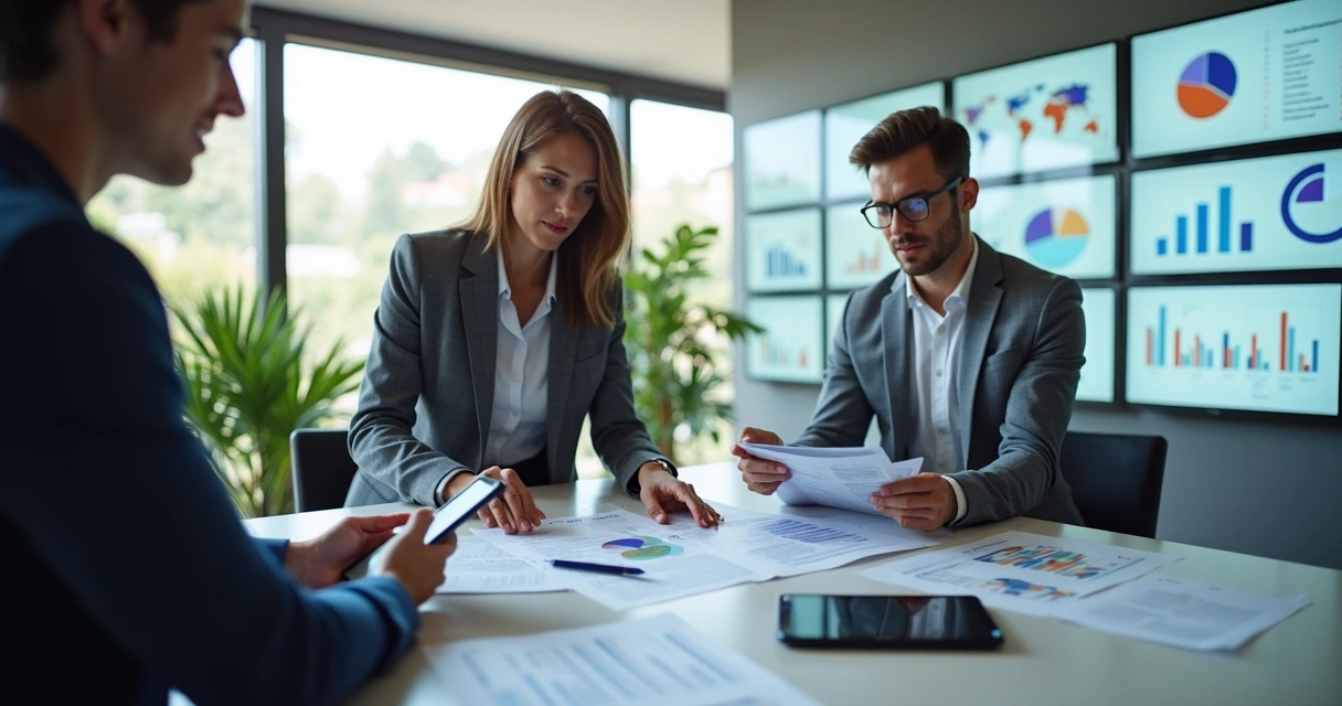 Equipe de profissionais em escritório moderno analisando documentos e telas digitais com gráficos de licitações