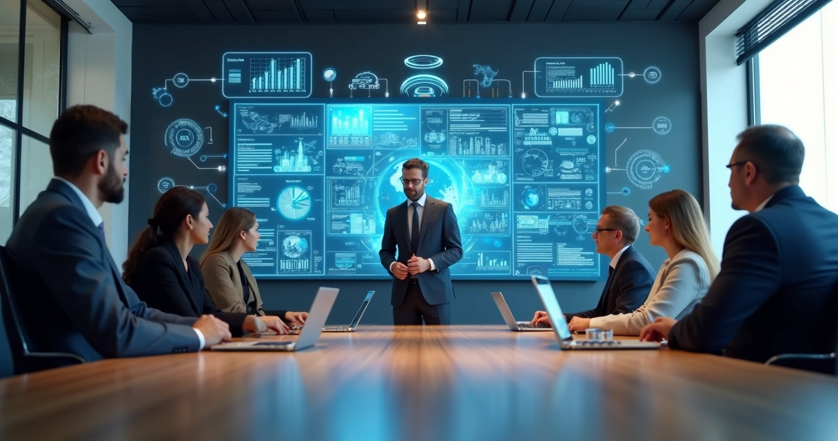 Sala moderna com profissionais analisando dados em telas digitais holográficas relacionadas a licitações públicas